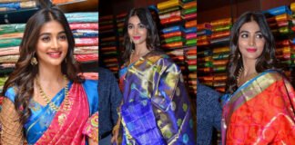 Pooja Hegde Traditional Saree Photos at Anutex Shopping Mall Launch